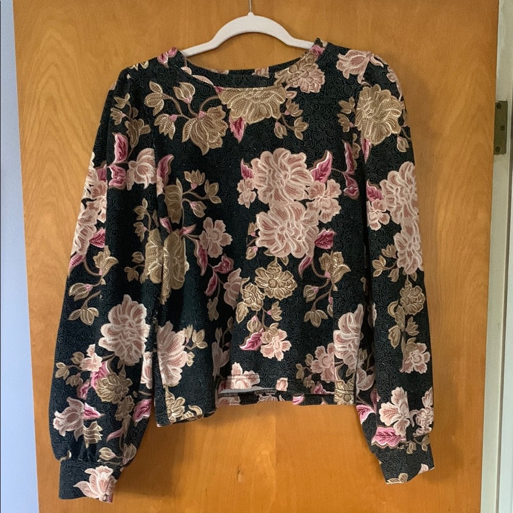Black and Pink Floral Blouse with Puffy Sleeves